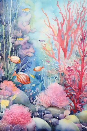 Underwater scene with coral reef and fish. Watercolor illustration.の素材
