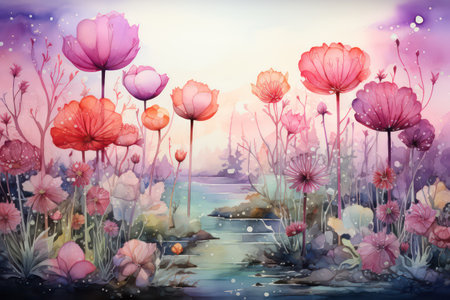 Watercolor illustration of a meadow with pink and red poppiesの素材