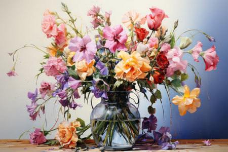Bouquet of colorful flowers in vase on wooden table.の素材