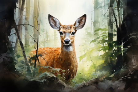 Digital painting of a young white-tailed deer in the forest.の素材