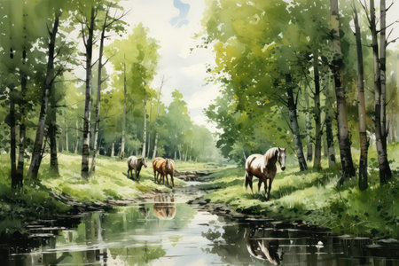 Watercolor painting of horses on the background of green forest and riverの素材