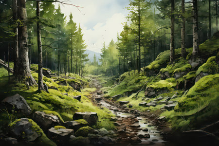 Landscape with a path in the forest. Digital painting style.の素材