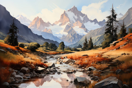 Beautiful mountain landscape with a river in the foreground. Digital paintingの素材
