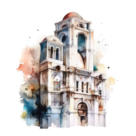 Watercolor illustration of a church in Prague, Czech Republic. Watercolor painting.の素材