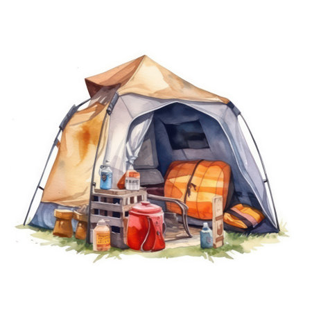 Watercolor illustration of a tourist tent with a campfire and foodの素材