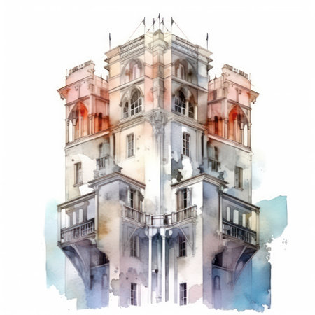 Watercolor illustration of a building in the center of Lisbon, Portugalの素材