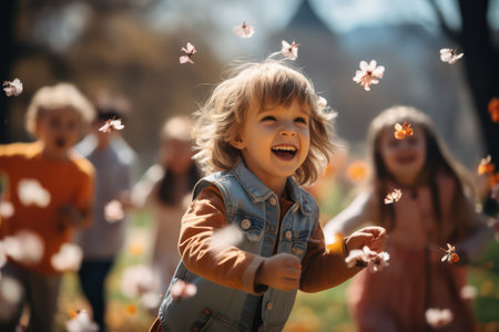 happy little boy playing with flying flowers on blurred background of happy familyの素材