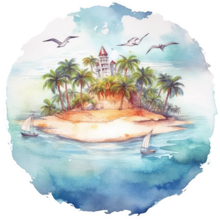 Watercolor illustration of a tropical island with a lighthouse and palm treesの素材