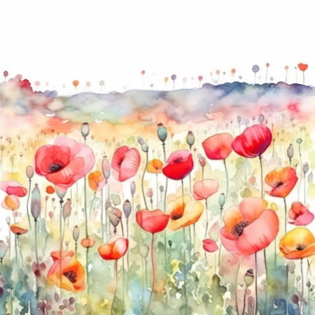 Watercolor poppies on the meadow. Hand drawn illustrationの素材