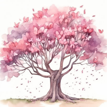 Watercolor illustration of pink cherry blossom tree. Digital painting.の素材