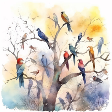 Watercolor illustration of birds sitting on the branches of a tree.の素材