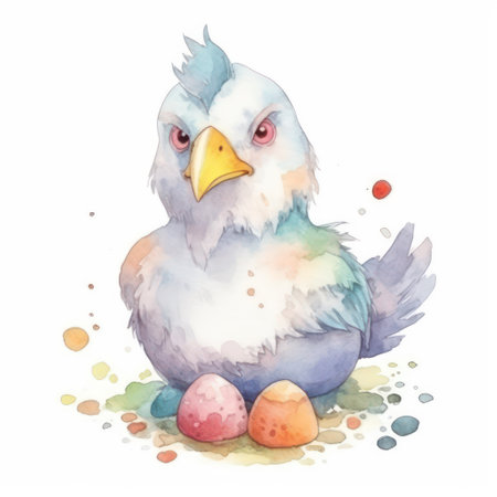 Easter card with watercolor chicken and eggs. Vector illustration.の素材