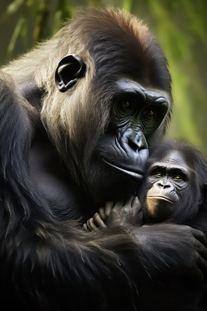 Gorilla mother and her baby in the wild nature. Studio shot.の素材