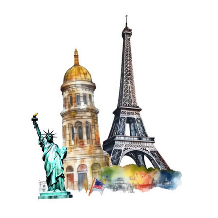 Eiffel Tower and Statue of Liberty in Paris, France. Watercolor illustrationの素材