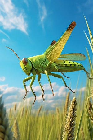 Grasshopper on a wheat field in summer. 3d renderの素材