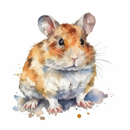 Watercolor illustration of a hamster sitting on a white background.の素材