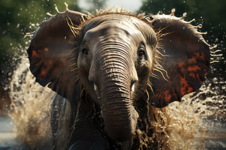 Elephant splashing water in the zoo, close-up portraitの素材