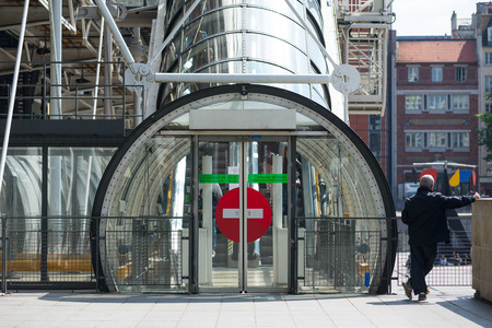 PARIS, FRANCE - MAY 16, 2014: Security exit of the Centre Georges Pompidou. The structure was completed in 1977 and is one of most recognizable landmarks in Paris.のeditorial素材