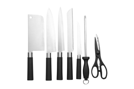 a kitchen knives set isolated on a white background, tablewareの写真素材