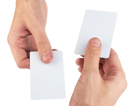 Hand and a card isolated on whiteの写真素材
