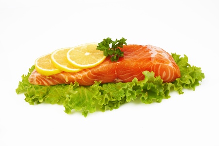 fresh red salmon fillet on white の写真素材