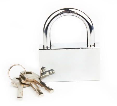 Padlock and keys  on white background の写真素材