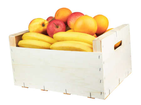 wooden box with fresh fruit, isolated on white の写真素材