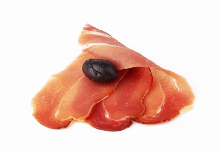 raw bacon on a white backgroundの写真素材