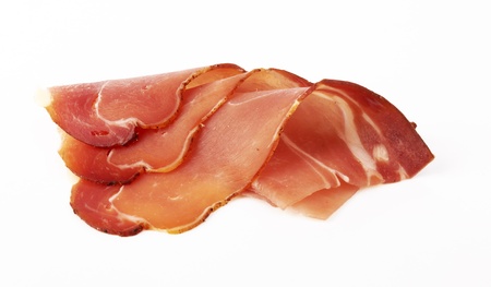 raw bacon on a white backgroundの写真素材