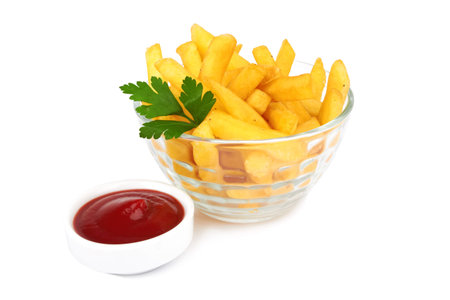 French fries with ketchup on white