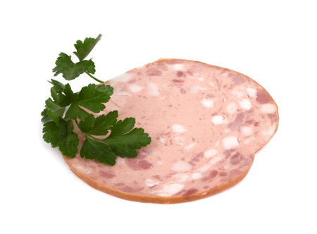 Single slice of ham on white background