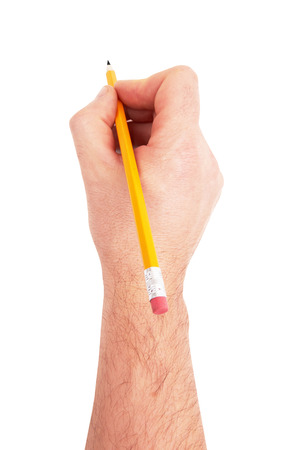 man's hand with the pencil isolated on white backgroundの写真素材