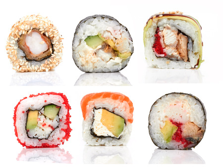 Sushi pieces collection, on a white backgroundの写真素材