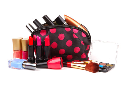 Make up bag with cosmetics and brushes isolated on whiteの写真素材