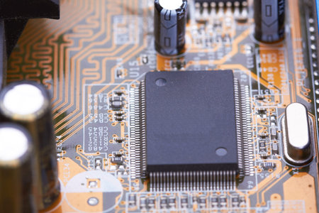 Electronic circuit board with processor, close up.