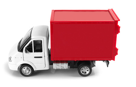 Toy red truck isolated on a white backgroundの写真素材