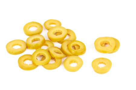 green olives rings isolated on a white backgroundの写真素材