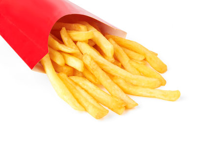 French fries in a red carton box isolated on white