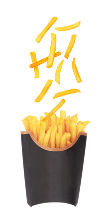 French fries in a black carton box isolated on whiteの写真素材
