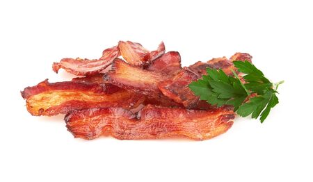 cooked slices of bacon isolated on white backgroundの写真素材