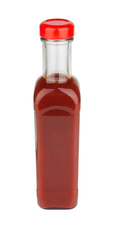 Bottle of red hot sauce isolated on white backgroundの写真素材