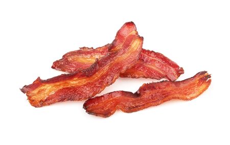 cooked slices of bacon isolated on white backgroundの写真素材