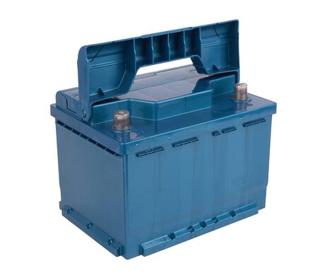 Generic blue car battery isolated on white backgroundの写真素材