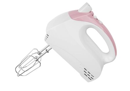 Electrical hand mixer and dishware isolated on a white backgroundの写真素材