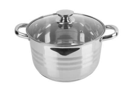 chrome pan with lid isolated on white backgroundの写真素材