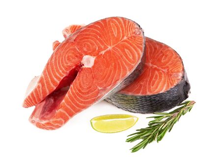 Salmon steak isolated on a white backgroundの写真素材