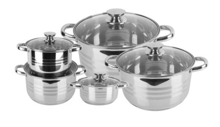 chrome pan with lid isolated on white backgroundの写真素材