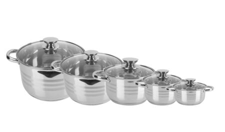 chrome pan with lid isolated on white backgroundの写真素材