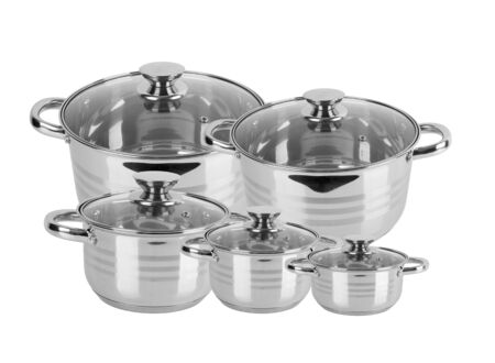chrome pan with lid isolated on white backgroundの写真素材