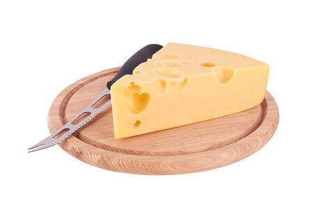 piece of cheese on board isolated on a white backgroundの写真素材